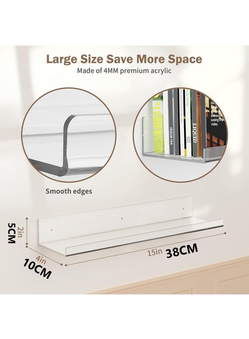 بيوينتي 4 رفوف عائمة شفافة من الأكريليك بطول 38 سم بتصميم حرف U، رف حائطي لعرض الكتب، تنظيم مستحضرات التجميل، أو ترتيب التوابل. - Image 3